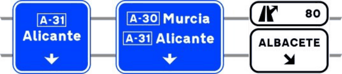 S-373 Señalización de la primera salida inmediata de dos muy próximas, con carteles sobre la calzada, en autopista o autovía hacia carretera convencional o carretera multicarril, destinos de la segunda salida y dirección propia